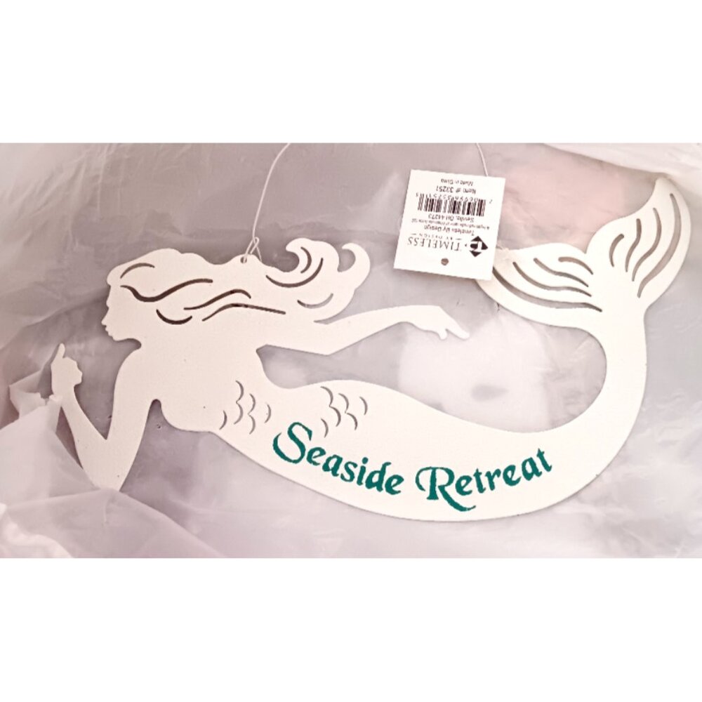 Mermaid Hanging Metal Sign "Seaside Retreat"  Beach Decor - 10 inches